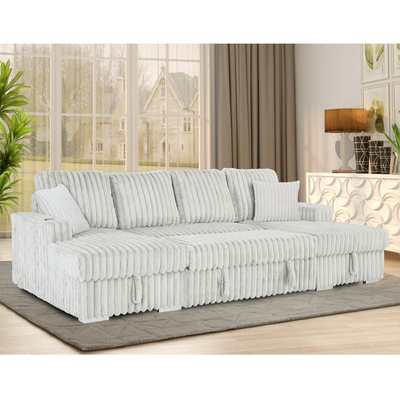 U-förmiges Schlafsofa mit ausziehbarem Bett und Abstellplatten und Taschenhaltern, hellgraues Corduroygewebe