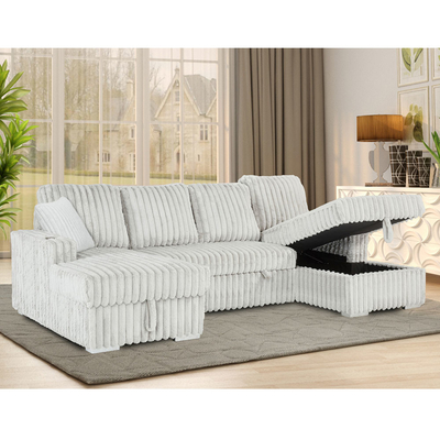 U-förmiges Schlafsofa mit ausziehbarem Bett und Abstellplatten und Taschenhaltern, hellgraues Corduroygewebe