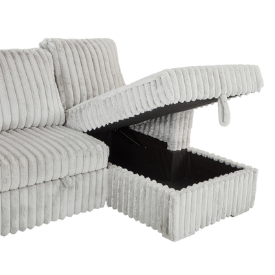 U-förmiges Schlafsofa mit ausziehbarem Bett und Abstellplatten und Taschenhaltern, hellgraues Corduroygewebe