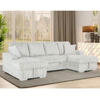 U-förmiges Schlafsofa mit ausziehbarem Bett und Abstellplatten und Taschenhaltern, hellgraues Corduroygewebe