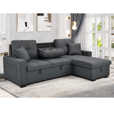 L-förmiges, umkehrbares Schlafsofa mit ausziehbarem Bett und Lagerraum, aus neutralem grauen Stoff