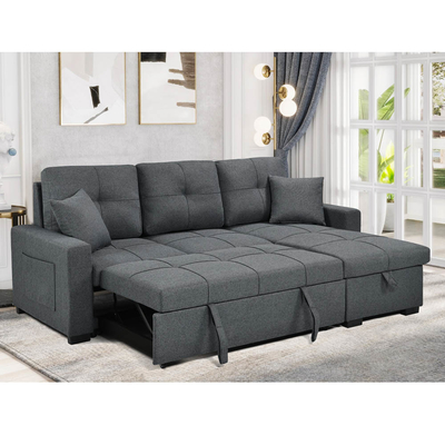 L-förmiges, umkehrbares Schlafsofa mit ausziehbarem Bett und Lagerraum, aus neutralem grauen Stoff