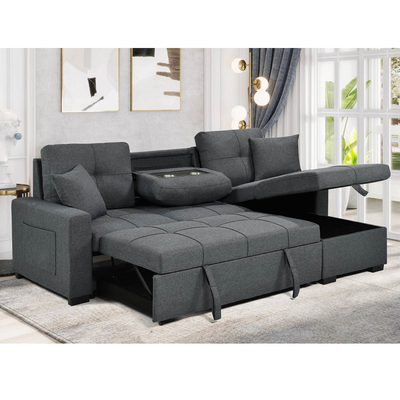 L-förmiges, umkehrbares Schlafsofa mit ausziehbarem Bett und Lagerraum, aus neutralem grauen Stoff