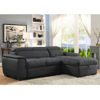 L-förmige Schlafsofa mit ausziehbarem Bett und verstellbaren Kopfstützen und Lagersessel, aus Graphit Nubuck