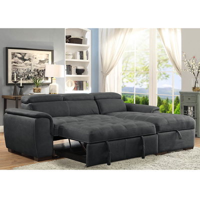 L-förmige Schlafsofa mit ausziehbarem Bett und verstellbaren Kopfstützen und Lagersessel, aus Graphit Nubuck