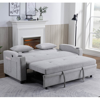 Queen-Size Wandelschlafsofa-Bett, komfortables ausziehbares Bett mit verstellbarer Rückenlehne und USB-Ladestation und Taschenhalter, Futon-Sofa-Bett, graues Gewebe