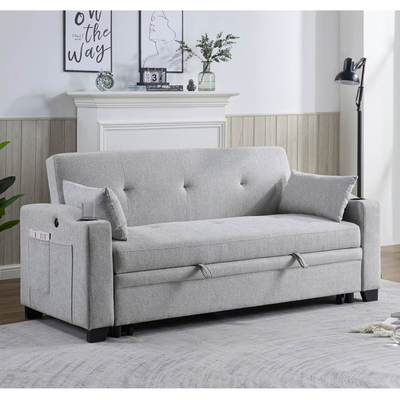 Queen-Size Wandelschlafsofa-Bett, komfortables ausziehbares Bett mit verstellbarer Rückenlehne und USB-Ladestation und Taschenhalter, Futon-Sofa-Bett, graues Gewebe