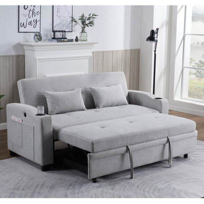 Queen-Size Wandelschlafsofa-Bett, komfortables ausziehbares Bett mit verstellbarer Rückenlehne und USB-Ladestation und Taschenhalter, Futon-Sofa-Bett, graues Gewebe