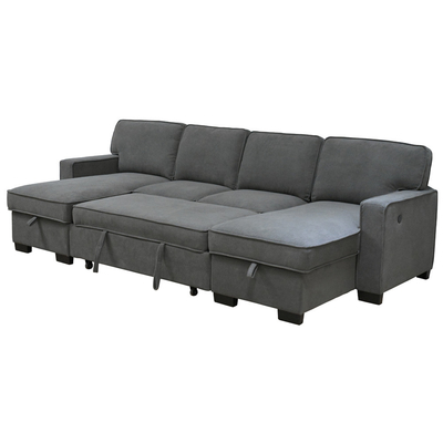 U-förmiges Schlafsofa mit ausziehbarem Bett und Lagersessel und USB-Ladestation und 1 umkehrbarem Tisch, grauer Chenille