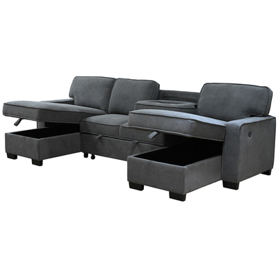 U-förmiges Schlafsofa mit ausziehbarem Bett und Lagersessel und USB-Ladestation und 1 umkehrbarem Tisch, grauer Chenille