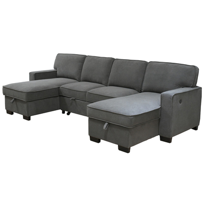 U-förmiges Schlafsofa mit ausziehbarem Bett und Lagersessel und USB-Ladestation und 1 umkehrbarem Tisch, grauer Chenille