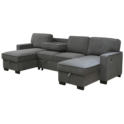 U-förmiges Schlafsofa mit ausziehbarem Bett und Lagersessel und USB-Ladestation und 1 umkehrbarem Tisch, grauer Chenille