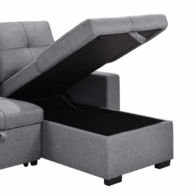 L-förmiges, umkehrbares Schlafsofa mit ausziehbarem Bett und Lagerraum, aus grauem Stoff