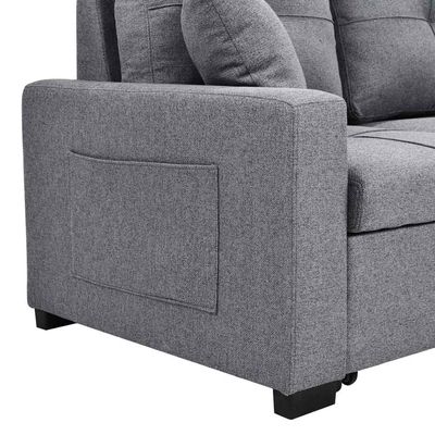 L-förmiges, umkehrbares Schlafsofa mit ausziehbarem Bett und Lagerraum, aus grauem Stoff