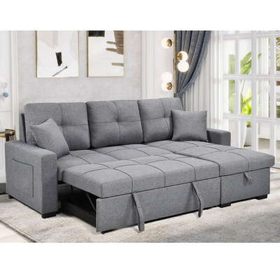 L-förmiges, umkehrbares Schlafsofa mit ausziehbarem Bett und Lagerraum, aus grauem Stoff