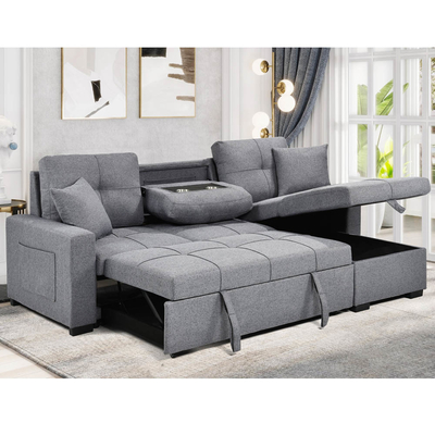 L-förmiges, umkehrbares Schlafsofa mit ausziehbarem Bett und Lagerraum, aus grauem Stoff