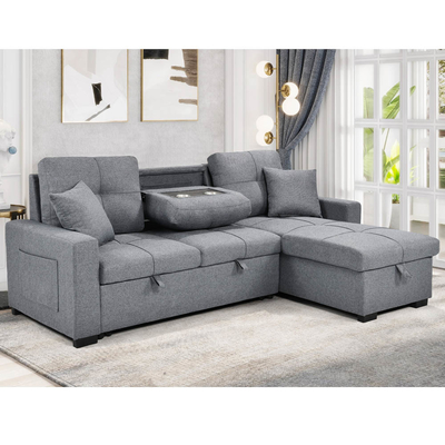 L-förmiges, umkehrbares Schlafsofa mit ausziehbarem Bett und Lagerraum, aus grauem Stoff