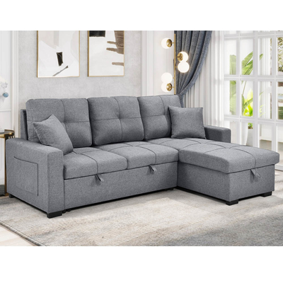 L-förmiges, umkehrbares Schlafsofa mit ausziehbarem Bett und Lagerraum, aus grauem Stoff