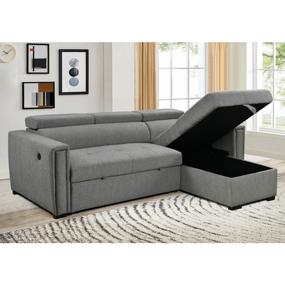 L-förmiges, umkehrbares Schlafsofa mit ausziehbarem Bett und USB-Ladeanschlüssen, Metallgraue Chenille