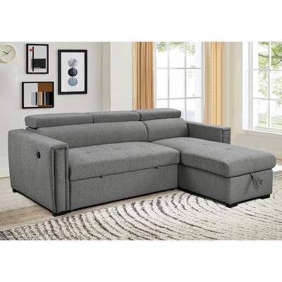 L-förmiges, umkehrbares Schlafsofa mit ausziehbarem Bett und USB-Ladeanschlüssen, Metallgraue Chenille