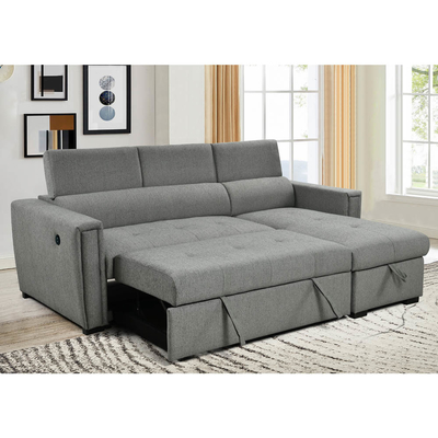 L-förmiges, umkehrbares Schlafsofa mit ausziehbarem Bett und USB-Ladeanschlüssen, Metallgraue Chenille