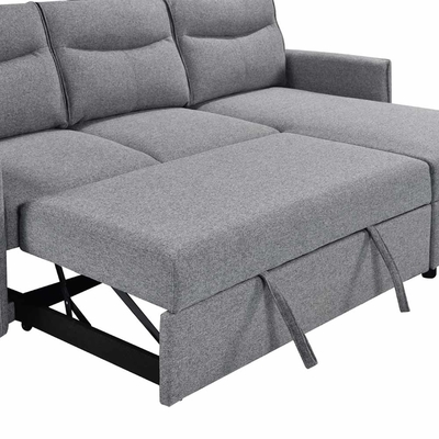L-förmiges, umkehrbares Schlafsofa mit ausziehbarem Bett und Lagerraum, aus grauem Stoff