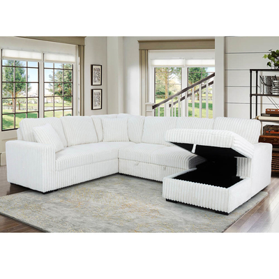 U-förmiges Schlafsofa mit ausziehbarem Bett und Lagersessel Lounge und USB-Ladestation, aus beige Corduroy