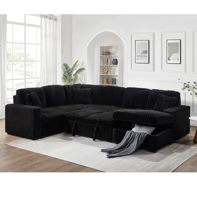 U-förmiges Schlafsofa mit ausziehbarem Bett und Lagersessel Lounge und USB-Ladeanschluss, schwarzes Corduroygewebe