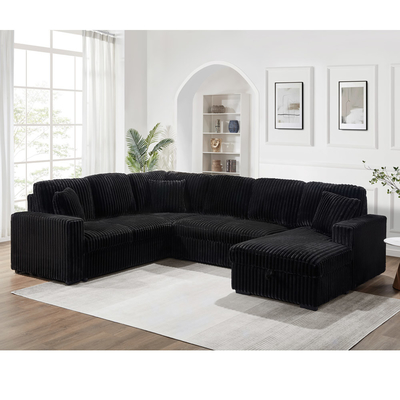 U-förmiges Schlafsofa mit ausziehbarem Bett und Lagersessel Lounge und USB-Ladeanschluss, schwarzes Corduroygewebe