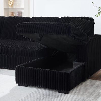 U-förmiges Schlafsofa mit ausziehbarem Bett und Lagersessel Lounge und USB-Ladeanschluss, schwarzes Corduroygewebe