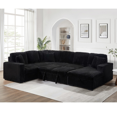 U-förmiges Schlafsofa mit ausziehbarem Bett und Lagersessel Lounge und USB-Ladeanschluss, schwarzes Corduroygewebe