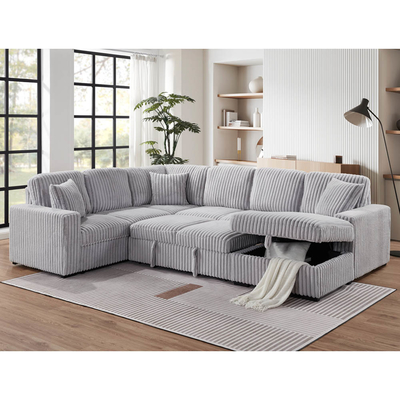 U-förmiges Schlafsofa mit ausziehbarem Bett und Lagersessel Lounge und USB-Ladestation, aus grauem Corduroy