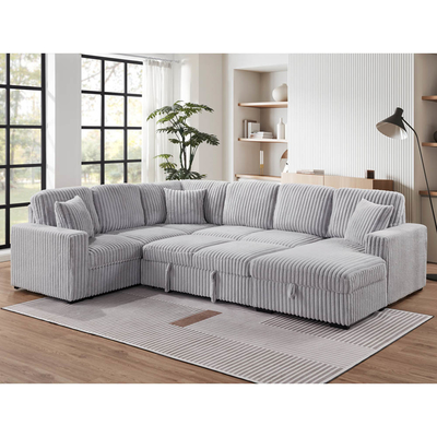 U-förmiges Schlafsofa mit ausziehbarem Bett und Lagersessel Lounge und USB-Ladestation, aus grauem Corduroy