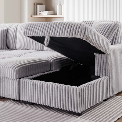 U-förmiges Schlafsofa mit ausziehbarem Bett und Lagersessel Lounge und USB-Ladestation, aus grauem Corduroy