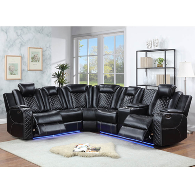 Power Recliner Ecksofa mit 2 Power Recliner Sitzen und 2 Power Kopfschüsseln und Lagerkiste und Lagerabläufe und LED-Licht, schwarz Atmung Leatherette