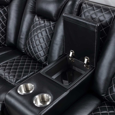 Power Recliner Ecksofa mit 2 Power Recliner Sitzen und 2 Power Kopfschüsseln und Lagerkiste und Lagerabläufe und LED-Licht, schwarz Atmung Leatherette