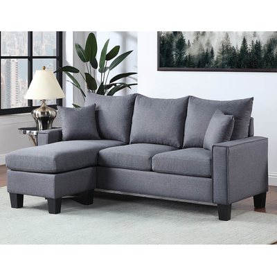 L-förmige Sofa mit umkehrbarem Sessel und 2 Kissen, dunkelgraue Bettwäsche