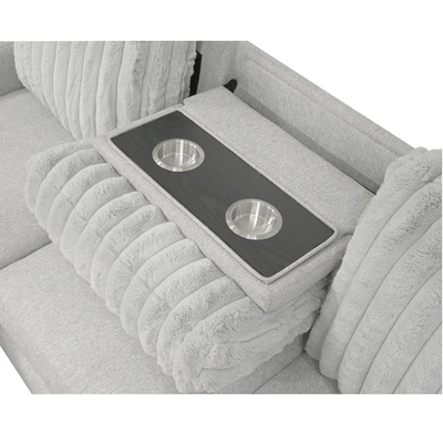 L-förmiges Sofa mit Tisch und Rückstellstuhl, hellgraue Stoffe