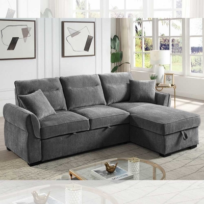 L-förmiges, umkehrbares Schlafsofa mit ausziehbarem Bett und Lagerraum, dunkelgraue Chenille