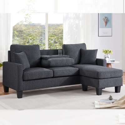 L-förmige Sektionssofa mit Tisch und Rückstellstuhl und 2 Kissen, dunkelgraue Chenille