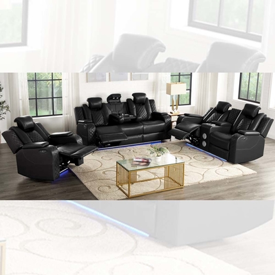 Power Recliner-Sofa-Set mit Power Recliner-Sitzen und Power-Kopfhüllen und Dropdown-Tisch und Bluetooth-Audio-Lautsprecher und Speicherbox und Speicherarme und LED-Licht, schwarz Atmung Leatherette