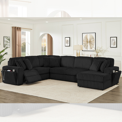 Liegesofa-Set mit verstecktem Getränkehalter und kabellosem Ladegerät, schwarzer Cordstoff