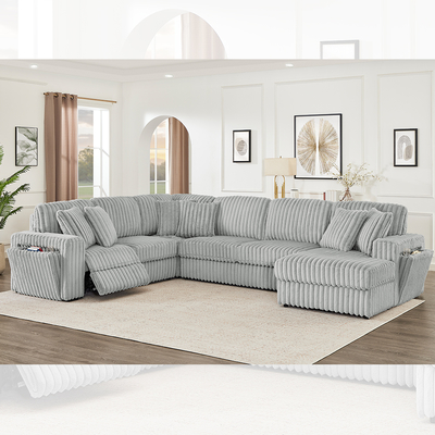 Sofa mit verstecktem Becherhalter und drahtlosem Ladegerät, aus grauem Corduroy