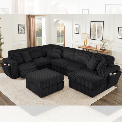 Liegesofa-Set mit verstecktem Getränkehalter und kabellosem Ladegerät, schwarzer Cordstoff