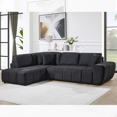 L-förmiges Sofa mit 3 Kissen, schwarzer Stoff