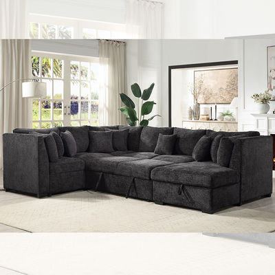 U-förmiges Ecksofa mit Schlaffunktion und ausziehbarer Bettfunktion sowie Stauraum-Chaiselongue, schwarzer Stoff