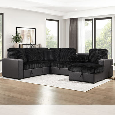 U-Shaped Sectional Sleeper Sofa with Pull Out Bed and Storage Chaise Lounge and Storage Loveseat and Dropdown table and USB Charging Port, Black Fabric