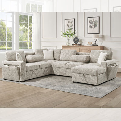 U-förmiges Schlafsofa mit ausziehbarem Bett und Tisch und Lagertisch Stuhl Wohnzimmer und Lagertisch Liebessitz und Becherhalter, beige Stoff