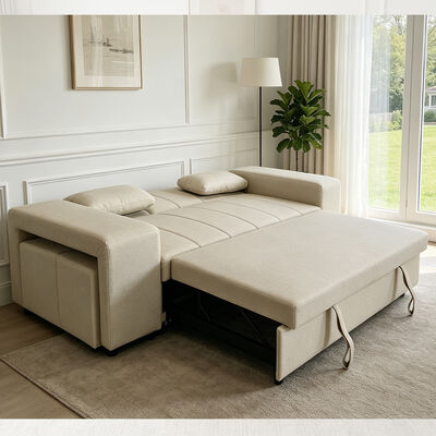 Queen-Size Cabrio-Schlafsofa-Bett, komfortables Ausziehbett mit verstellbarer Rückenlehne, Arm mit Ottomans, Beige Tech Leder