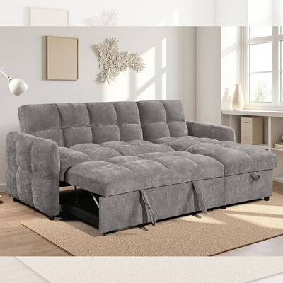 L-förmige Schlafsofa mit ausziehbarem Bett und verstellbarer Rückenlehne und Lagersessel, aus grauem Stoff